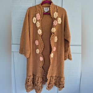 VTG Lacy Afternoon Crochet Floral & Pearls Long Sweater M Grannycore Hippie Boho